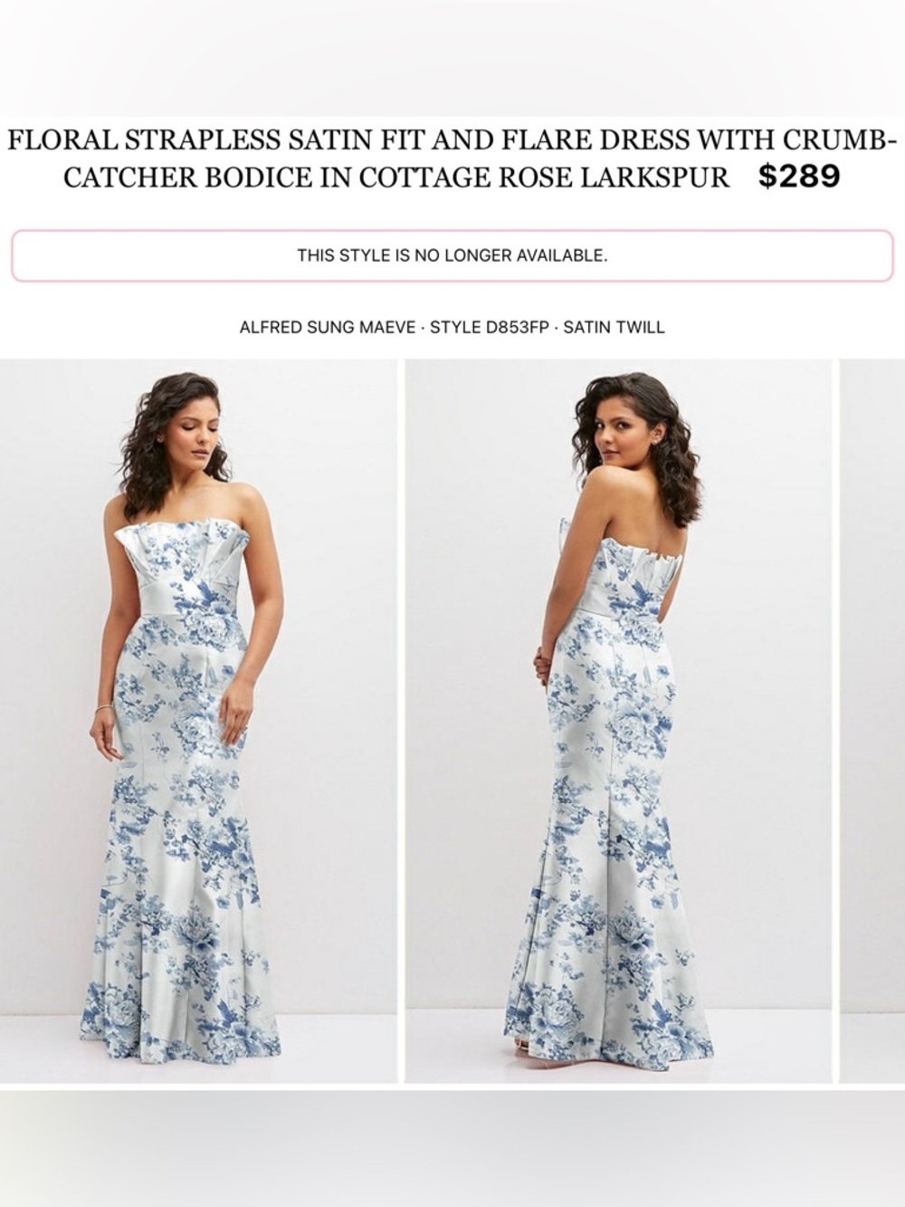 ALFRED SUNG Strapless Satin Fit-and-Flare Dress in White and Blue Floral